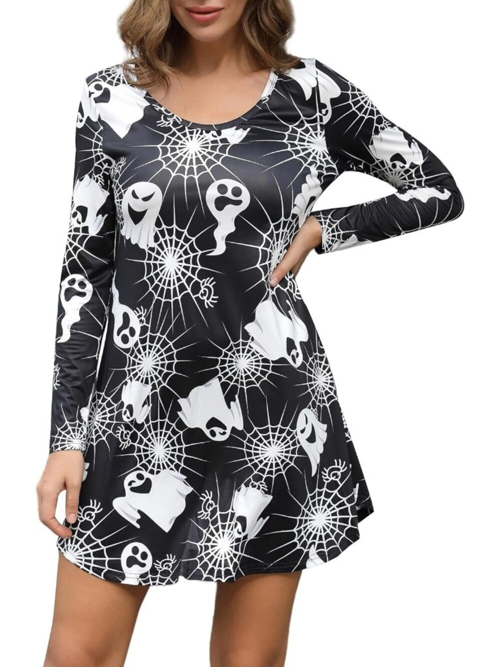 Women's Ghost Halloween Long Sleeve Print Swing Short Cute Costume Dresses
